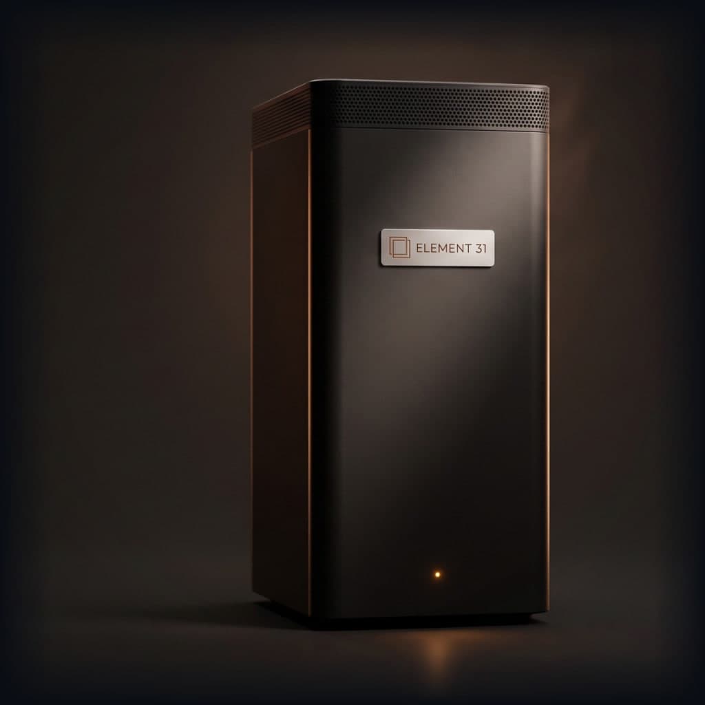 Design render of Genie: a sealed matte-black tower with a perforated vent band across the top, warm edge lighting, and a single amber status light near the base. The appliance is in development.